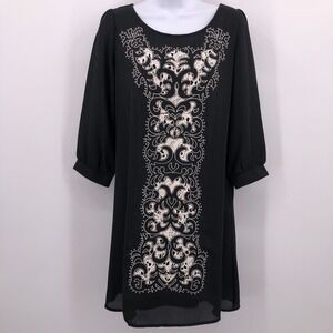 YA LA Sz S Black Dress 3/4 Sleeve Ivory Pattern Pullover Classic NEW NWT